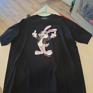 Black Graphic Tee with Cartoon Bunny by Domrebel